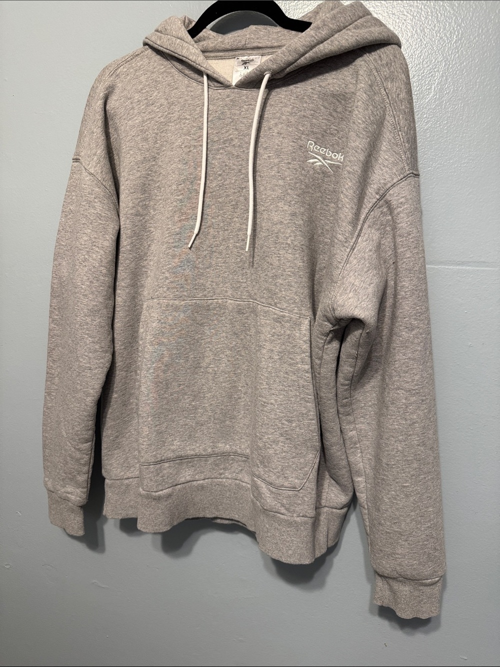 Reebok Light Gray Pullover Hoodie with White Drawstrings